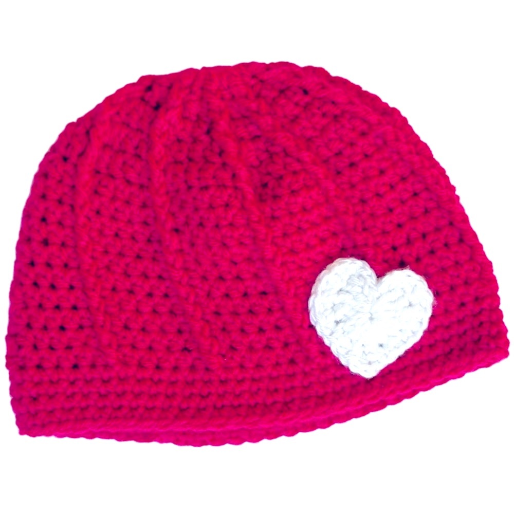 ✅ 5 for $25 - New Crocheted Hat, Pink With White Heart, Toddler Fit
